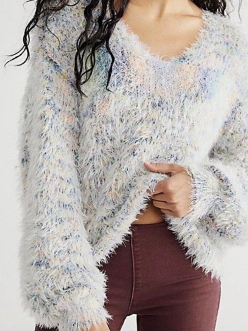 Free People Gelato Pullover Sweater L Fuzzy Knit Multicolor Oversized Slouchy